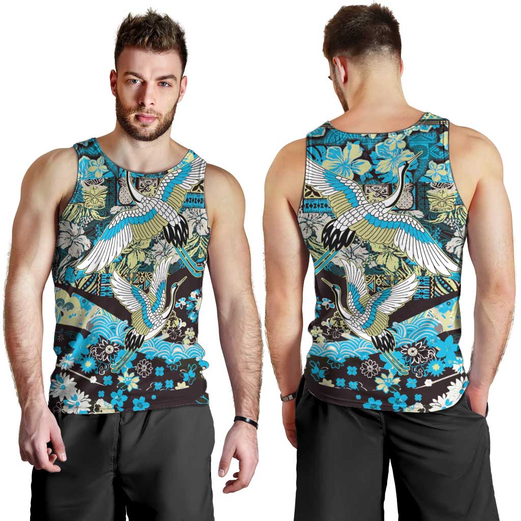 Japanese Hawaiian Crane Men Tank Top Blue Tapa Patchwork Pattern LT9 - Polynesian Pride