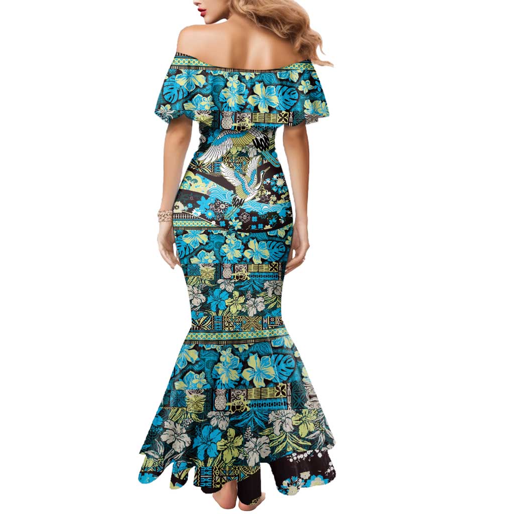 Japanese Hawaiian Crane Mermaid Dress Blue Tapa Patchwork Pattern LT9 - Polynesian Pride