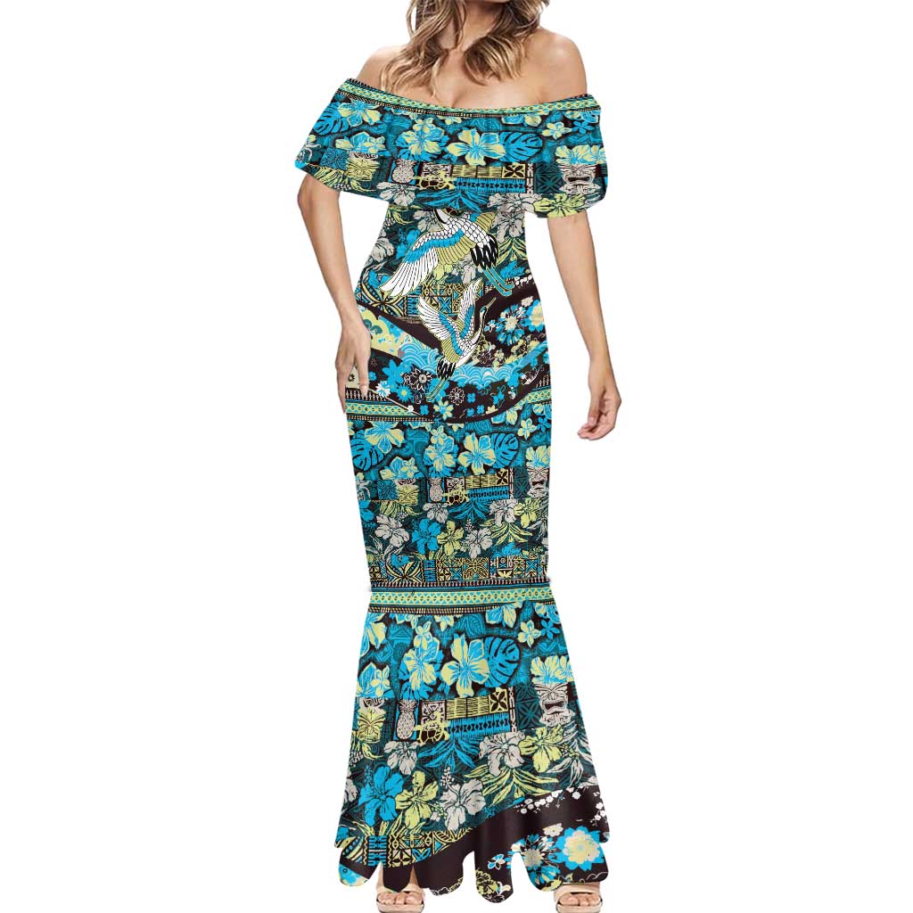 Japanese Hawaiian Crane Mermaid Dress Blue Tapa Patchwork Pattern LT9 - Polynesian Pride