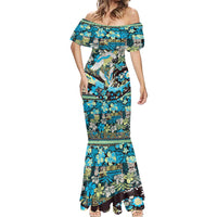 Japanese Hawaiian Crane Mermaid Dress Blue Tapa Patchwork Pattern LT9 - Polynesian Pride