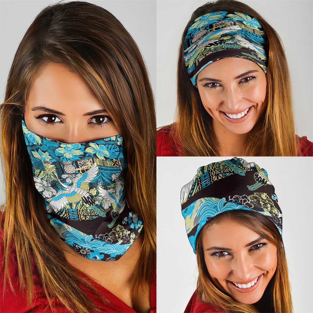 Japanese Hawaiian Crane Neck Gaiter Blue Tapa Patchwork Pattern LT9 - Polynesian Pride