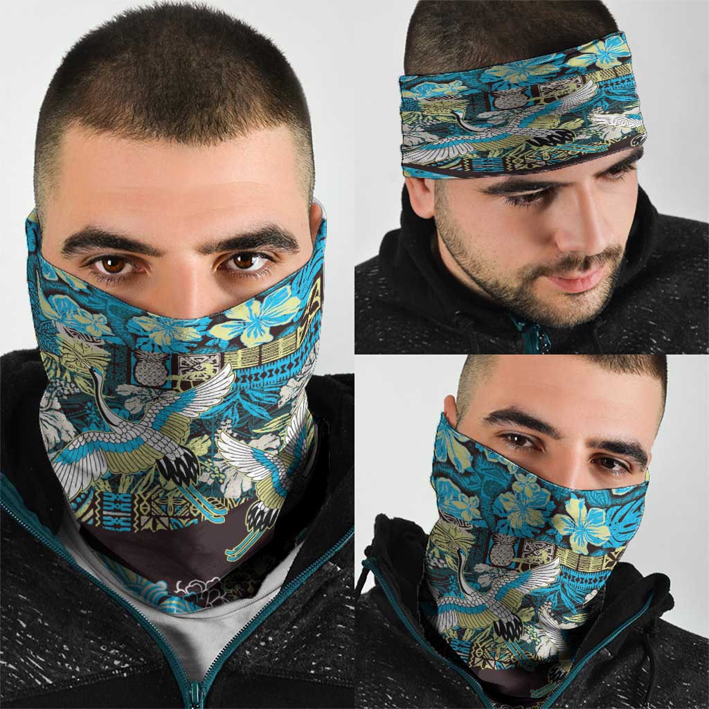 Japanese Hawaiian Crane Neck Gaiter Blue Tapa Patchwork Pattern LT9 - Polynesian Pride
