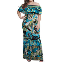 Japanese Hawaiian Crane Off Shoulder Maxi Dress Blue Tapa Patchwork Pattern LT9 Women Blue - Polynesian Pride
