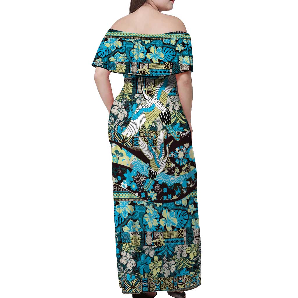 Japanese Hawaiian Crane Off Shoulder Maxi Dress Blue Tapa Patchwork Pattern LT9 - Polynesian Pride