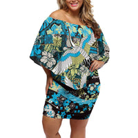 Japanese Hawaiian Crane Off Shoulder Short Dress Blue Tapa Patchwork Pattern