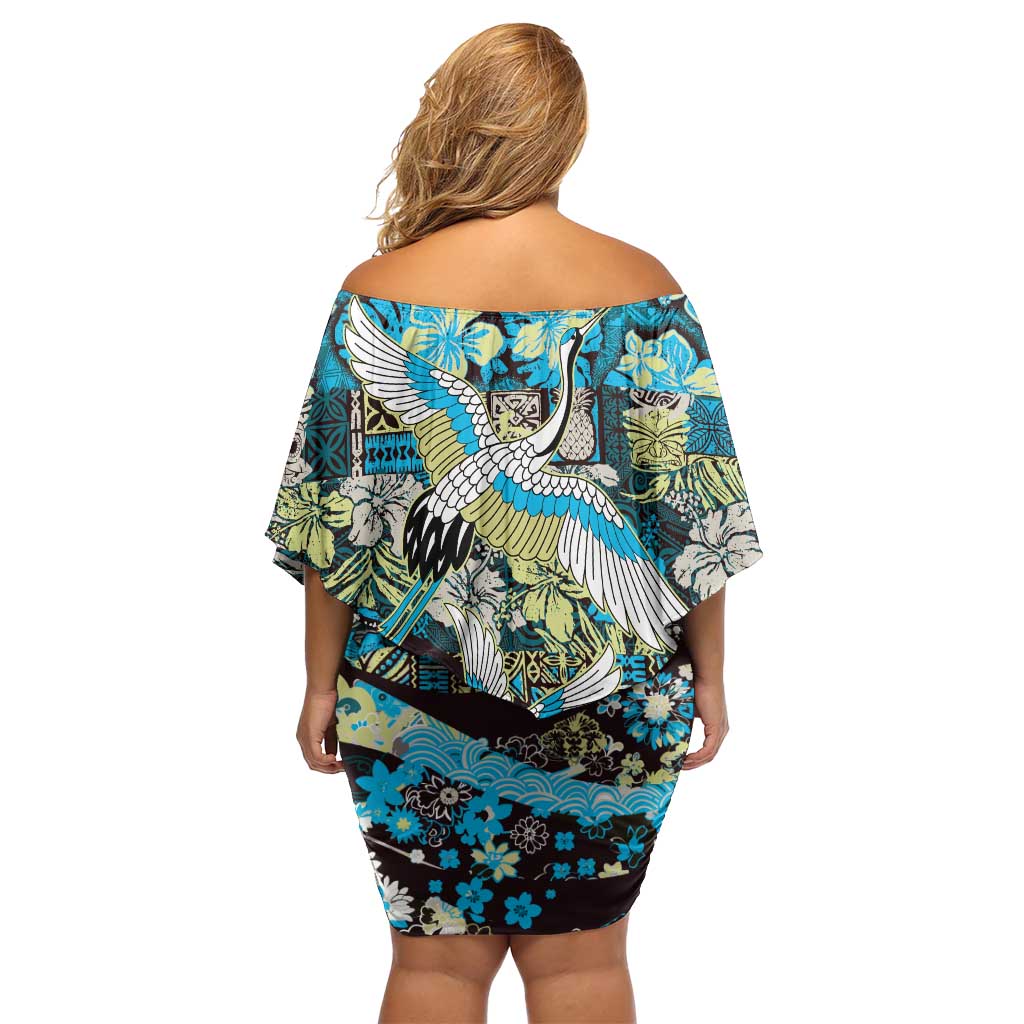 Japanese Hawaiian Crane Off Shoulder Short Dress Blue Tapa Patchwork Pattern