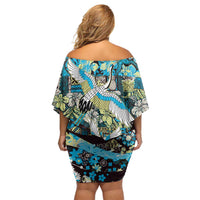 Japanese Hawaiian Crane Off Shoulder Short Dress Blue Tapa Patchwork Pattern