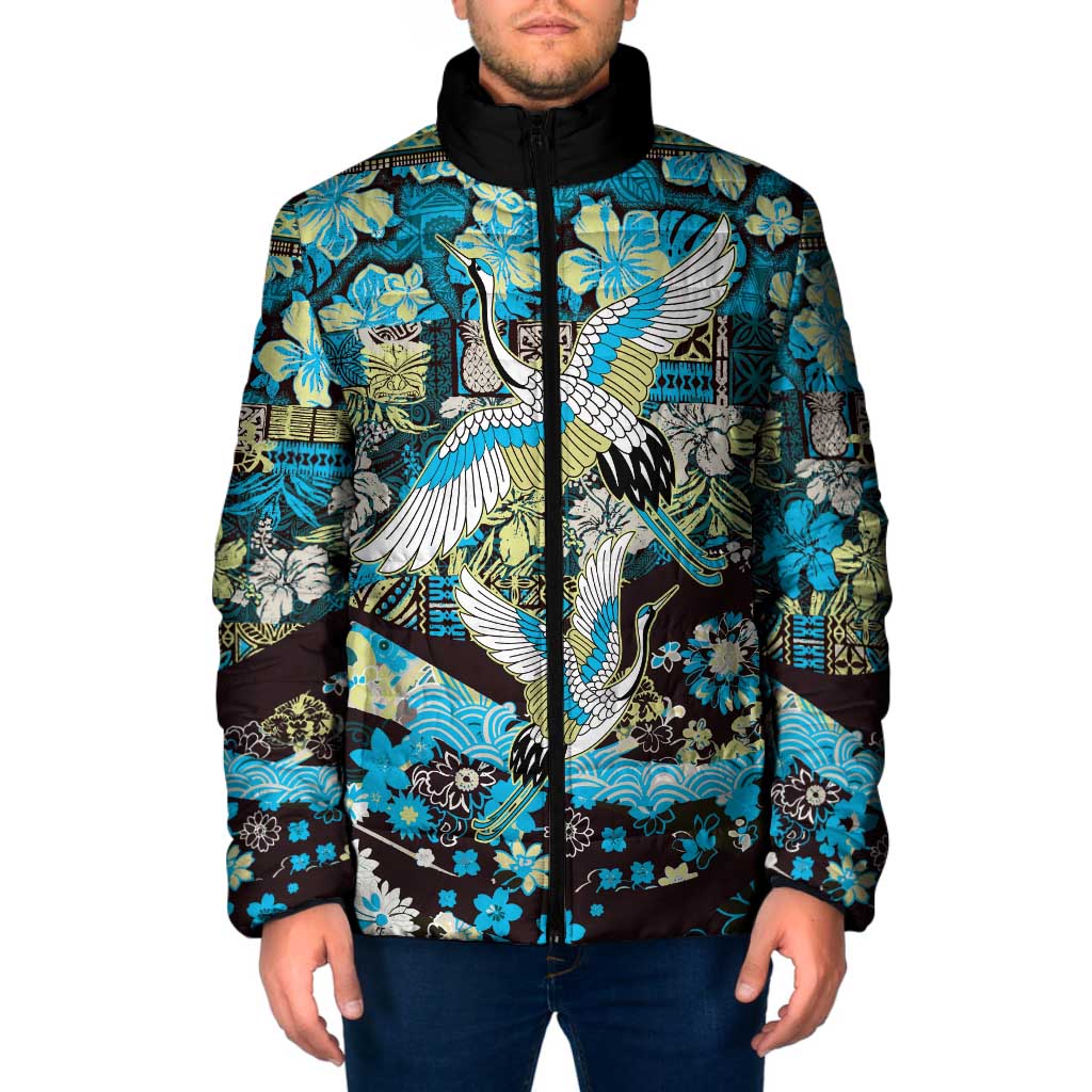 Japanese Hawaiian Crane Padded Jacket Blue Tapa Patchwork Pattern LT9 Men Blue - Polynesian Pride