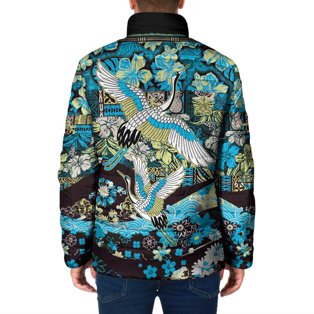 Japanese Hawaiian Crane Padded Jacket Blue Tapa Patchwork Pattern LT9 - Polynesian Pride