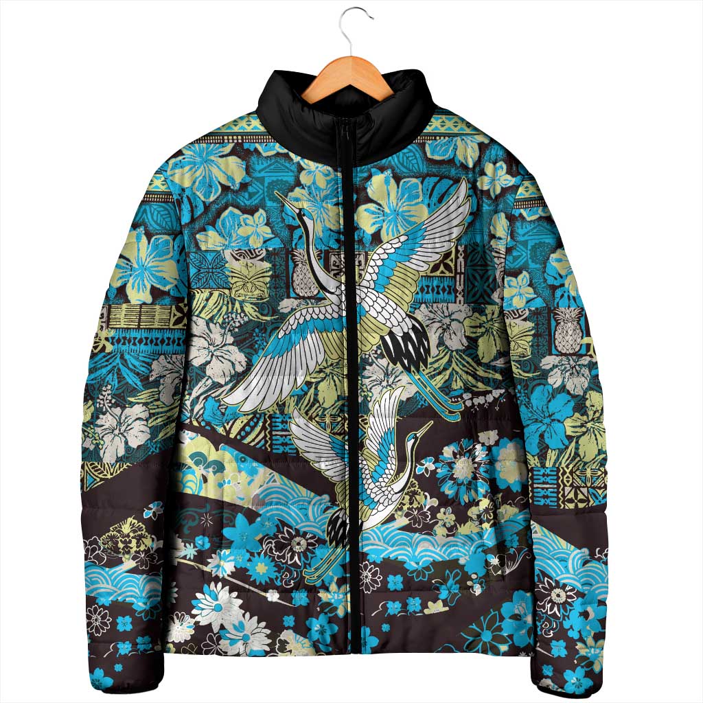 Japanese Hawaiian Crane Padded Jacket Blue Tapa Patchwork Pattern LT9 - Polynesian Pride