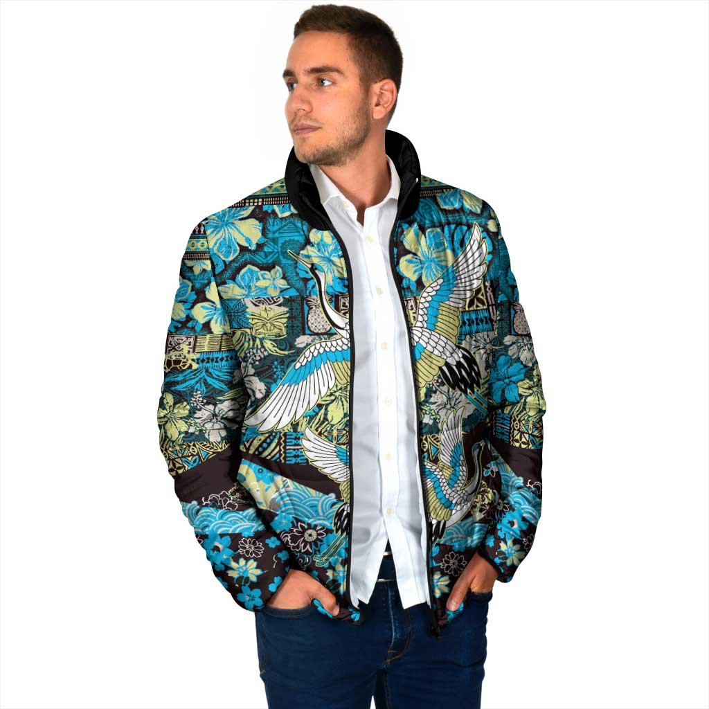 Japanese Hawaiian Crane Padded Jacket Blue Tapa Patchwork Pattern LT9 - Polynesian Pride