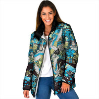 Japanese Hawaiian Crane Padded Jacket Blue Tapa Patchwork Pattern LT9 Women Blue - Polynesian Pride