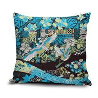 Japanese Hawaiian Crane Pillow Cover Blue Tapa Patchwork Pattern LT9 Blue - Polynesian Pride