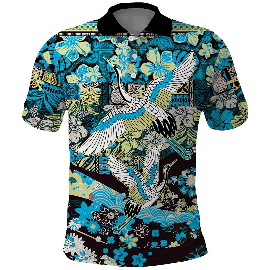 Japanese Hawaiian Crane Polo Shirt Blue Tapa Patchwork Pattern LT9 Blue - Polynesian Pride