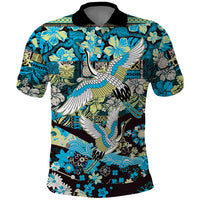 Japanese Hawaiian Crane Polo Shirt Blue Tapa Patchwork Pattern LT9 Blue - Polynesian Pride