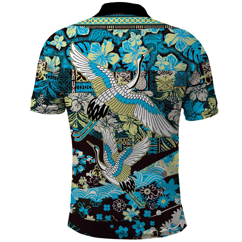 Japanese Hawaiian Crane Polo Shirt Blue Tapa Patchwork Pattern LT9 - Polynesian Pride
