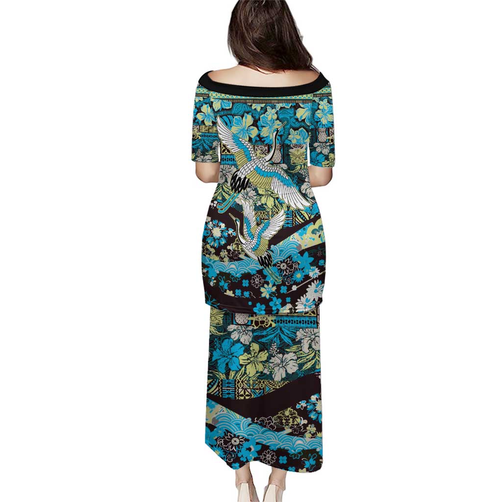Japanese Hawaiian Crane Puletasi Blue Tapa Patchwork Pattern LT9 - Polynesian Pride