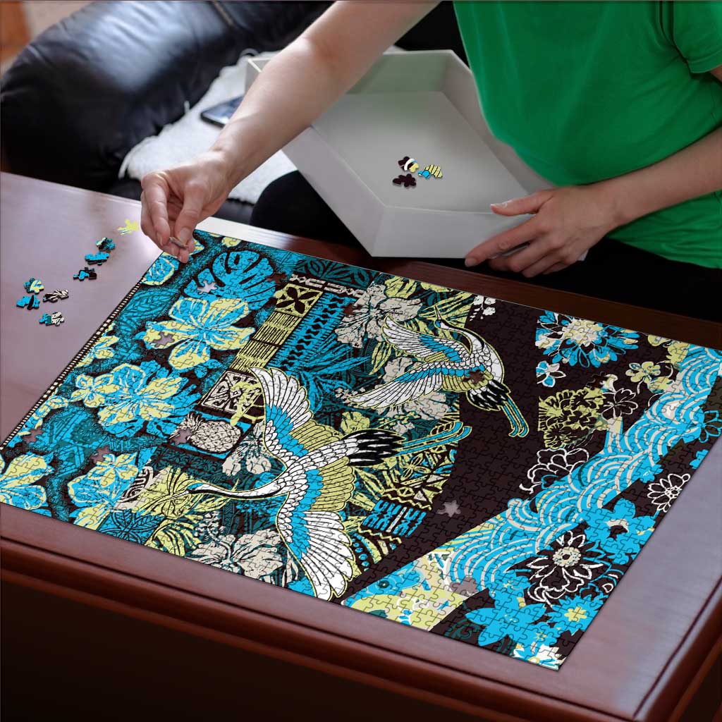 Japanese Hawaiian Crane Puzzle Blue Tapa Patchwork Pattern LT9 - Polynesian Pride