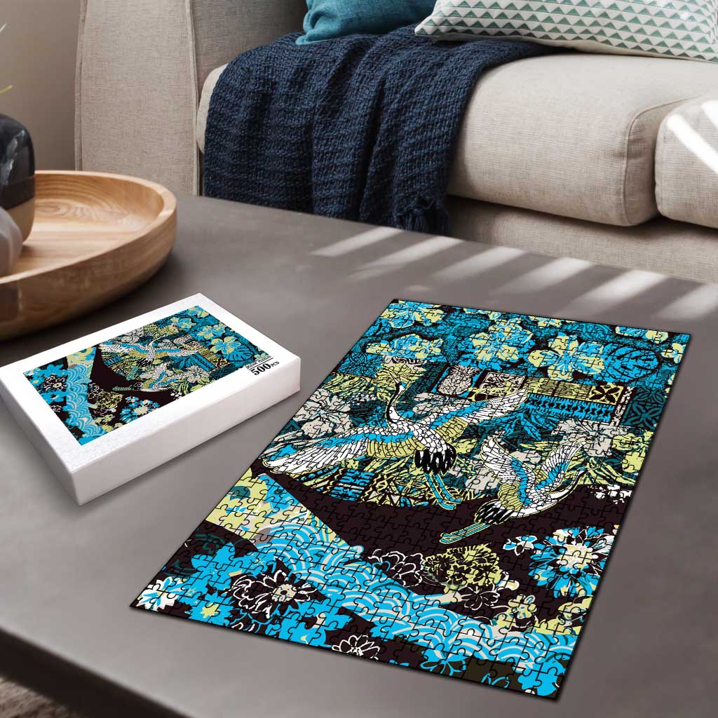 Japanese Hawaiian Crane Puzzle Blue Tapa Patchwork Pattern LT9 - Polynesian Pride