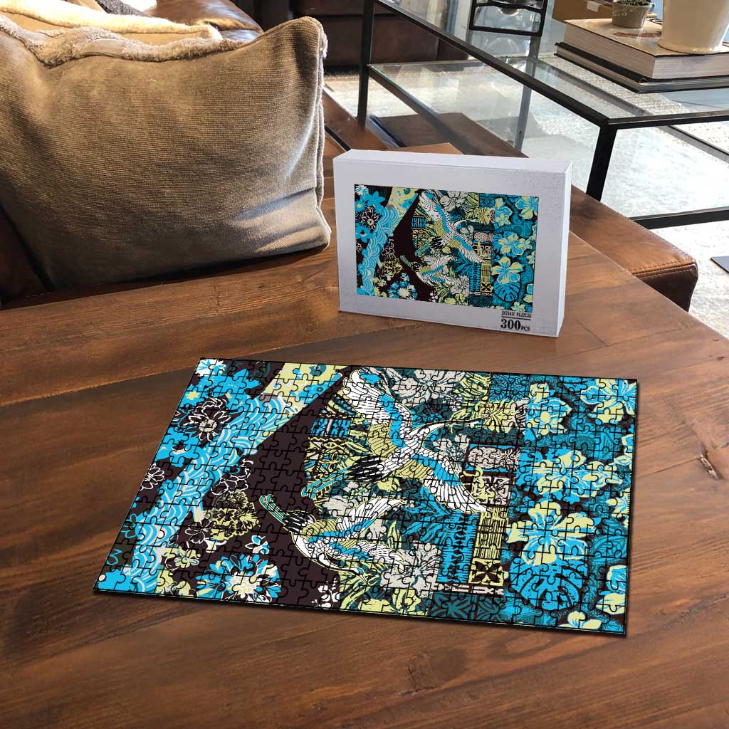 Japanese Hawaiian Crane Puzzle Blue Tapa Patchwork Pattern LT9 - Polynesian Pride