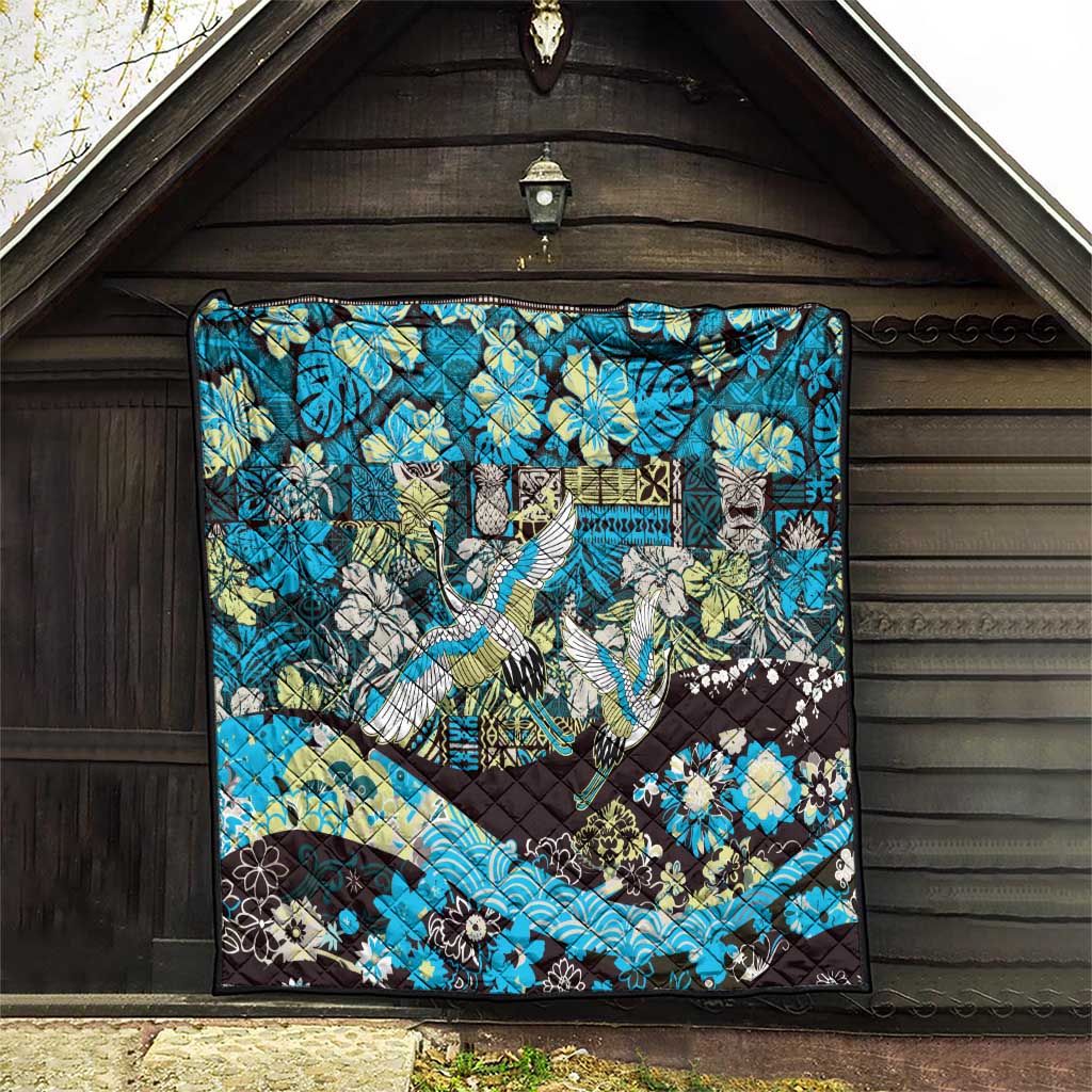 Japanese Hawaiian Crane Quilt Blue Tapa Patchwork Pattern LT9 - Polynesian Pride