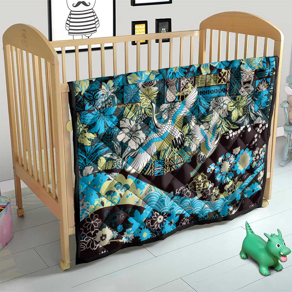 Japanese Hawaiian Crane Quilt Blue Tapa Patchwork Pattern LT9 - Polynesian Pride
