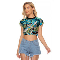 Japanese Hawaiian Crane Raglan Cropped T Shirt Blue Tapa Patchwork Pattern