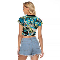 Japanese Hawaiian Crane Raglan Cropped T Shirt Blue Tapa Patchwork Pattern