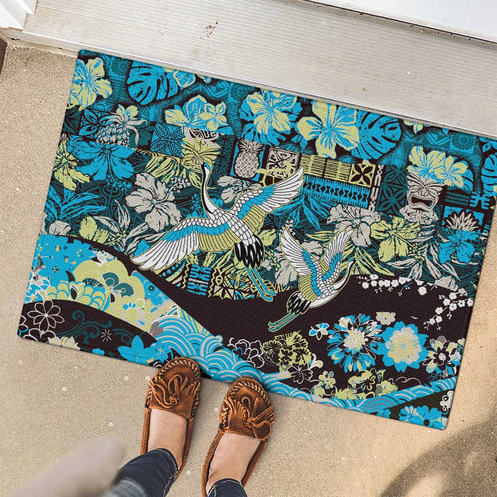 Japanese Hawaiian Crane Rubber Doormat Blue Tapa Patchwork Pattern LT9 - Polynesian Pride