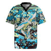 Japanese Hawaiian Crane Rugby Jersey Blue Tapa Patchwork Pattern