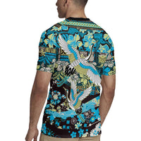 Japanese Hawaiian Crane Rugby Jersey Blue Tapa Patchwork Pattern