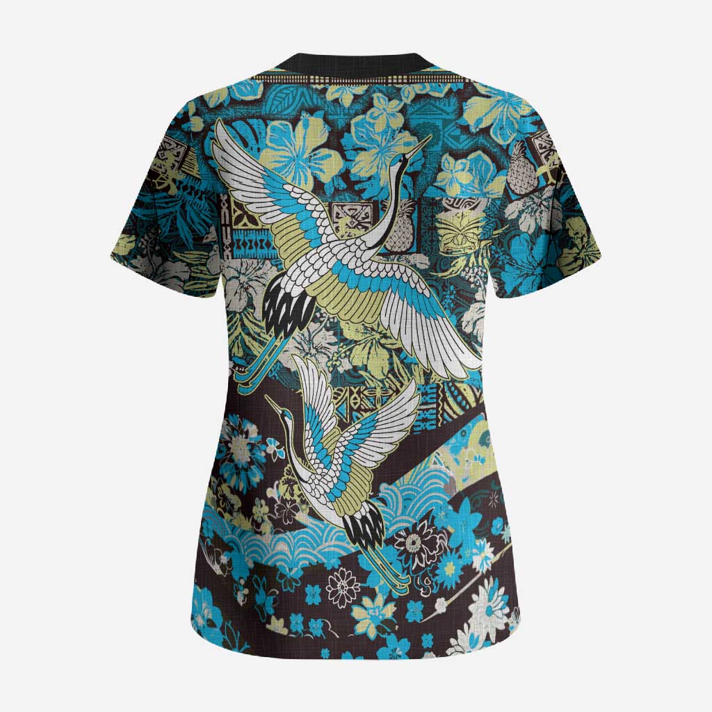 Japanese Hawaiian Crane Scrub Top Blue Tapa Patchwork Pattern LT9 - Polynesian Pride