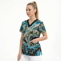 Japanese Hawaiian Crane Scrub Top Blue Tapa Patchwork Pattern LT9 - Polynesian Pride