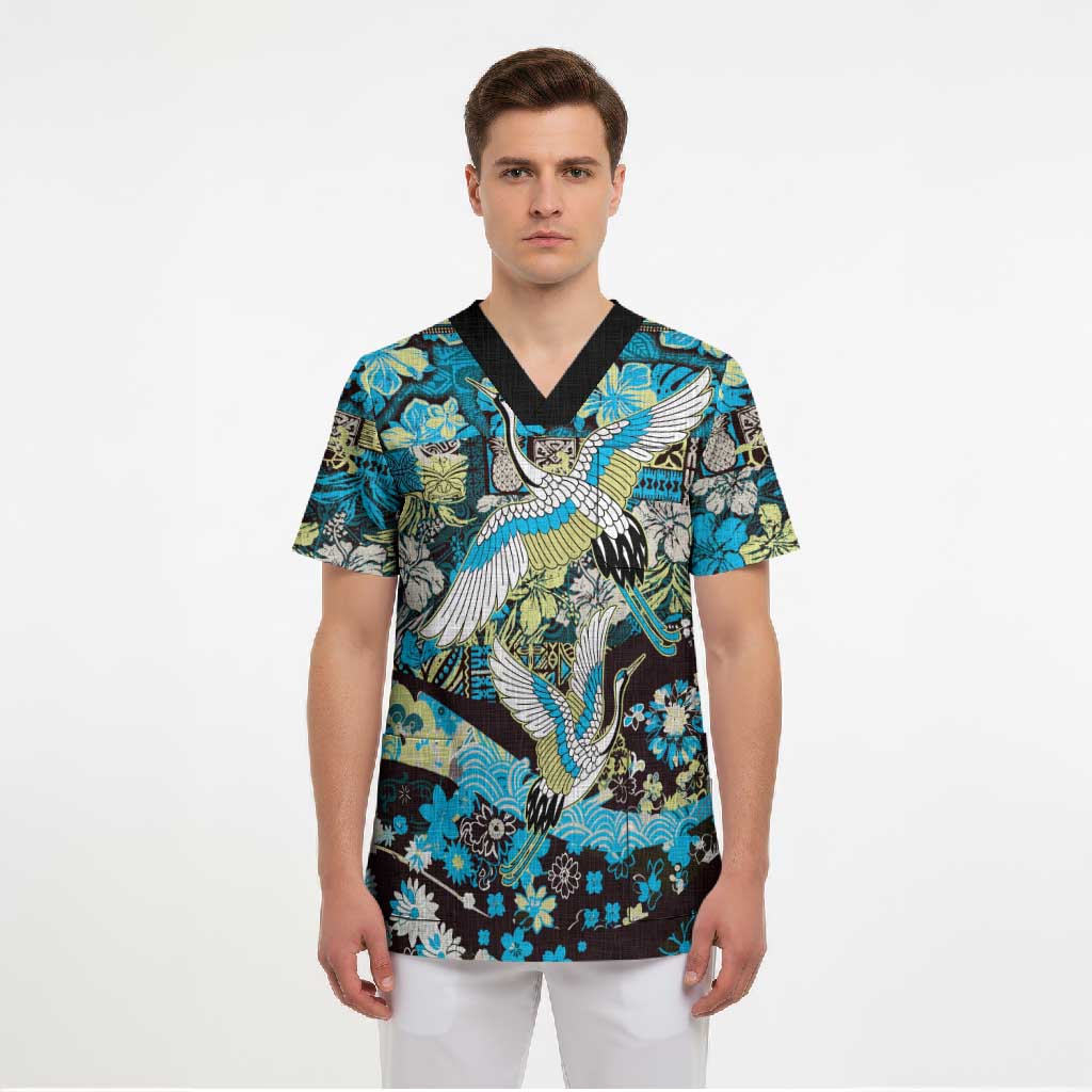 Japanese Hawaiian Crane Scrub Top Blue Tapa Patchwork Pattern LT9 - Polynesian Pride