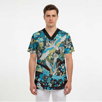 Japanese Hawaiian Crane Scrub Top Blue Tapa Patchwork Pattern LT9 - Polynesian Pride