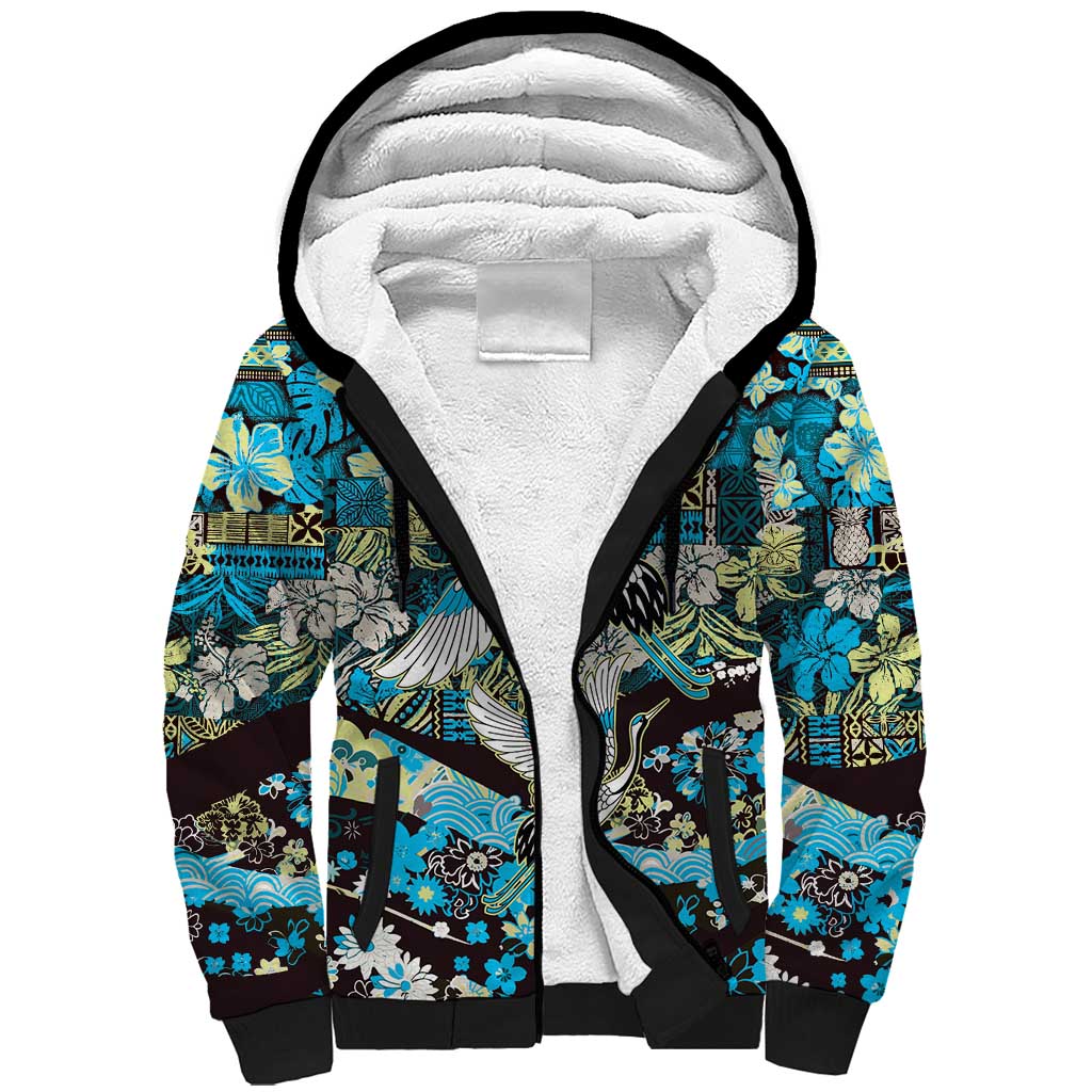 Japanese Hawaiian Crane Sherpa Hoodie Blue Tapa Patchwork Pattern LT9 Unisex Blue - Polynesian Pride