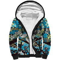 Japanese Hawaiian Crane Sherpa Hoodie Blue Tapa Patchwork Pattern LT9 Unisex Blue - Polynesian Pride
