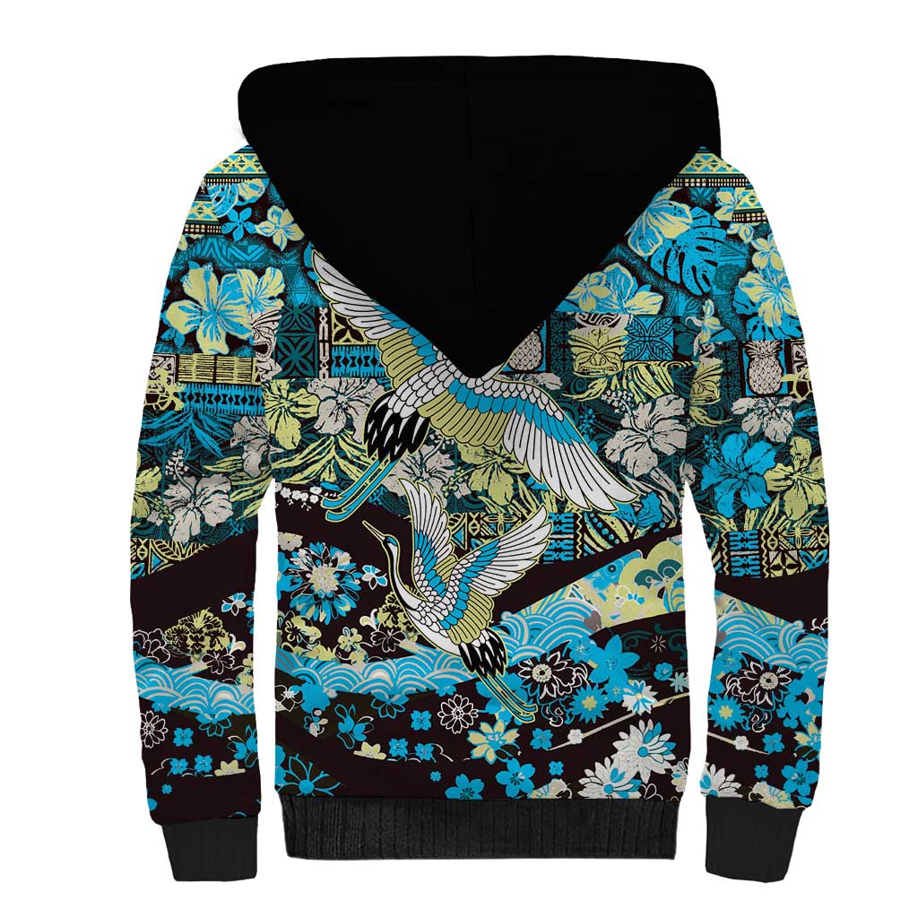 Japanese Hawaiian Crane Sherpa Hoodie Blue Tapa Patchwork Pattern LT9 - Polynesian Pride