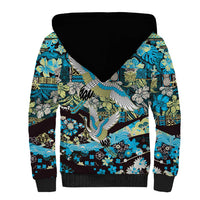 Japanese Hawaiian Crane Sherpa Hoodie Blue Tapa Patchwork Pattern LT9 - Polynesian Pride