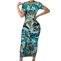 Japanese Hawaiian Crane Short Sleeve Bodycon Dress Blue Tapa Patchwork Pattern LT9 Long Dress Blue - Polynesian Pride