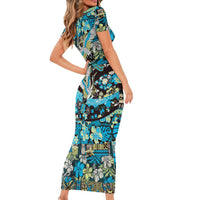 Japanese Hawaiian Crane Short Sleeve Bodycon Dress Blue Tapa Patchwork Pattern LT9 - Polynesian Pride