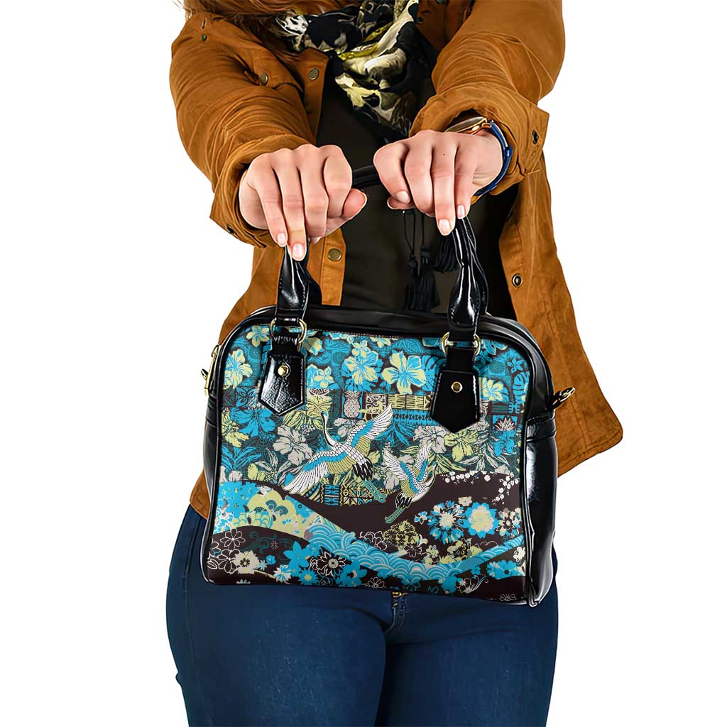 Japanese Hawaiian Crane Shoulder Handbag Blue Tapa Patchwork Pattern LT9 One Size Blue - Polynesian Pride