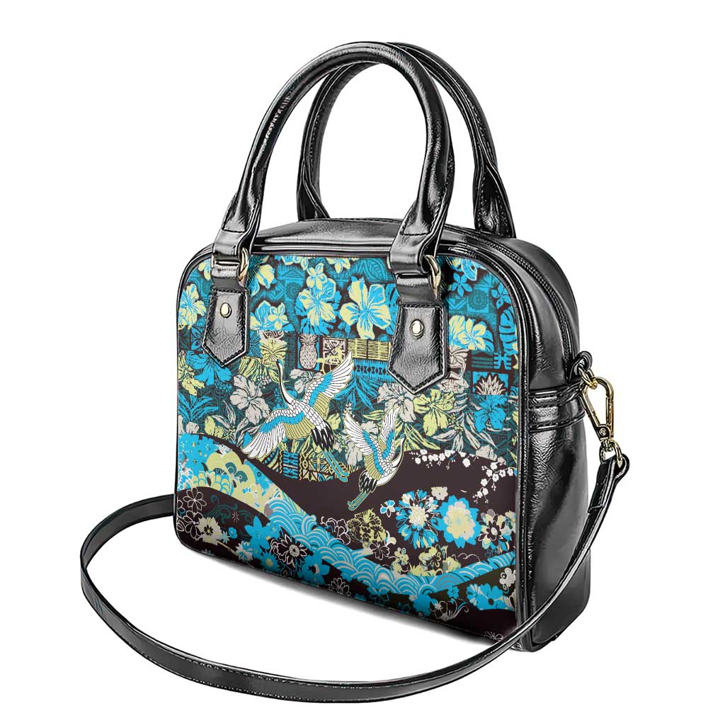Japanese Hawaiian Crane Shoulder Handbag Blue Tapa Patchwork Pattern LT9 - Polynesian Pride