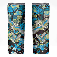 Japanese Hawaiian Crane Skinny Tumbler Blue Tapa Patchwork Pattern LT9 Blue - Polynesian Pride