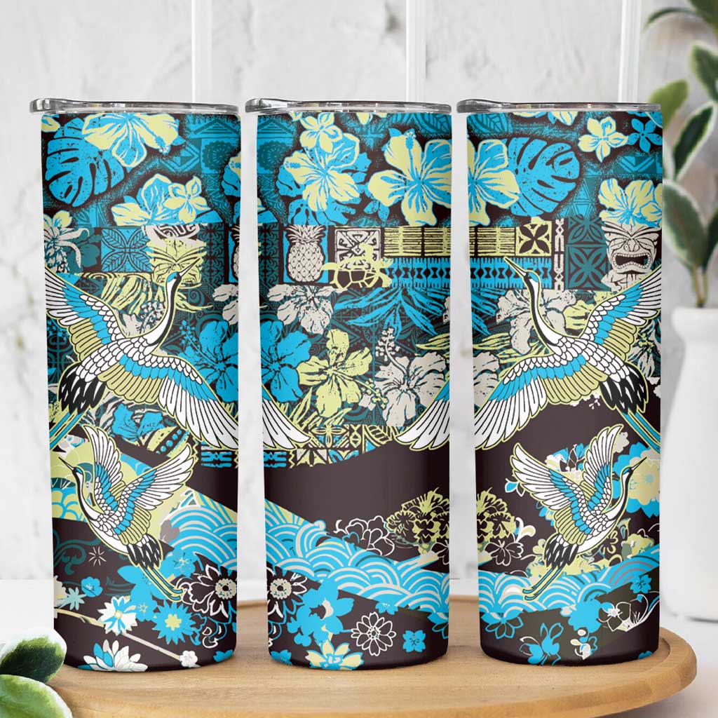 Japanese Hawaiian Crane Skinny Tumbler Blue Tapa Patchwork Pattern LT9 - Polynesian Pride