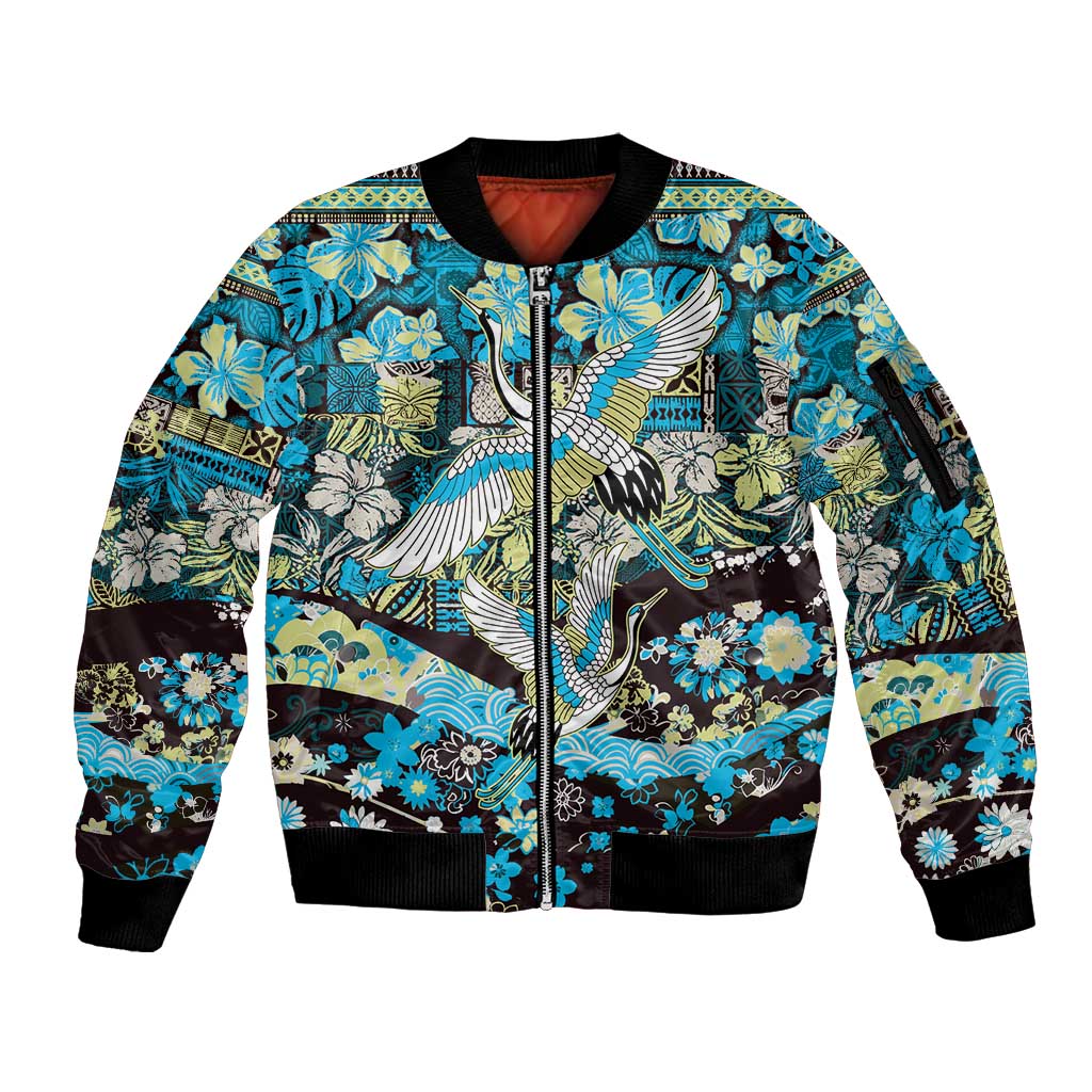 Japanese Hawaiian Crane Sleeve Zip Bomber Jacket Blue Tapa Patchwork Pattern LT9 Unisex Blue - Polynesian Pride