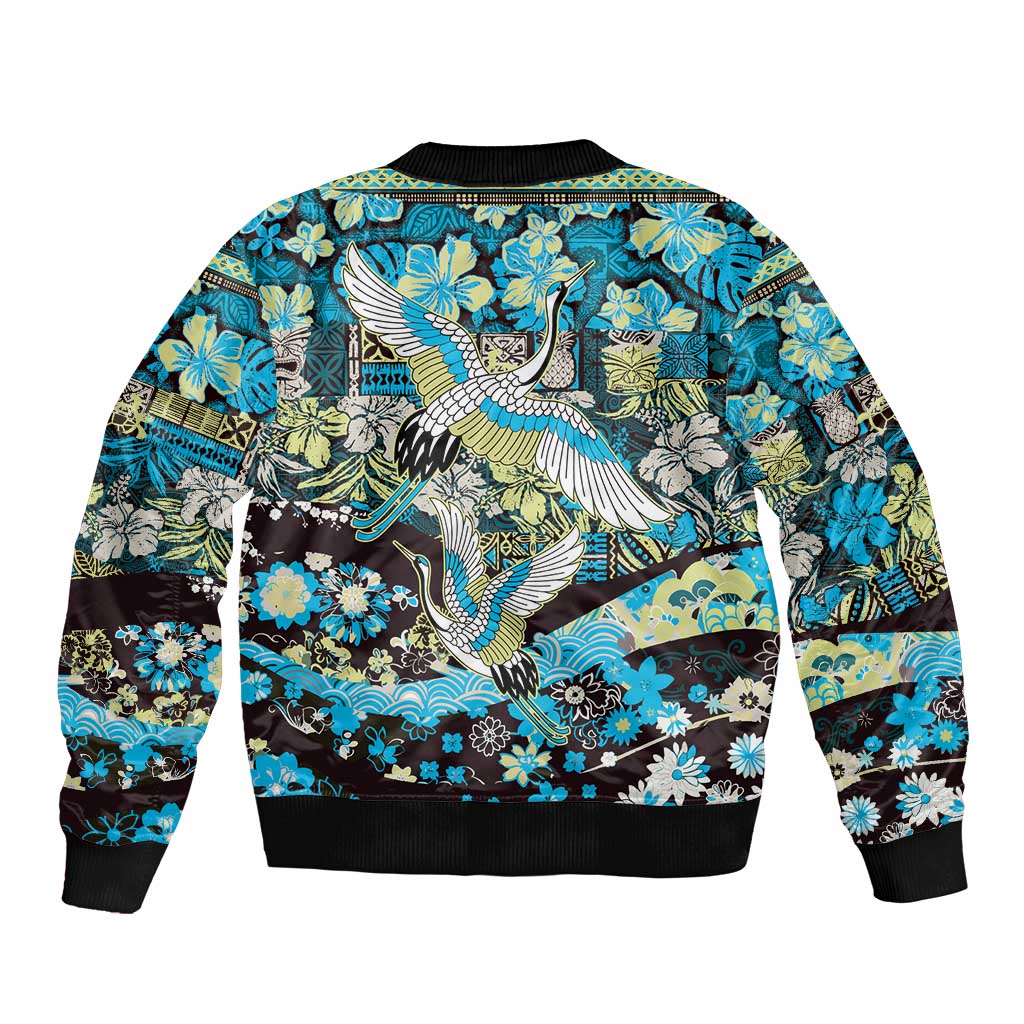 Japanese Hawaiian Crane Sleeve Zip Bomber Jacket Blue Tapa Patchwork Pattern LT9 - Polynesian Pride