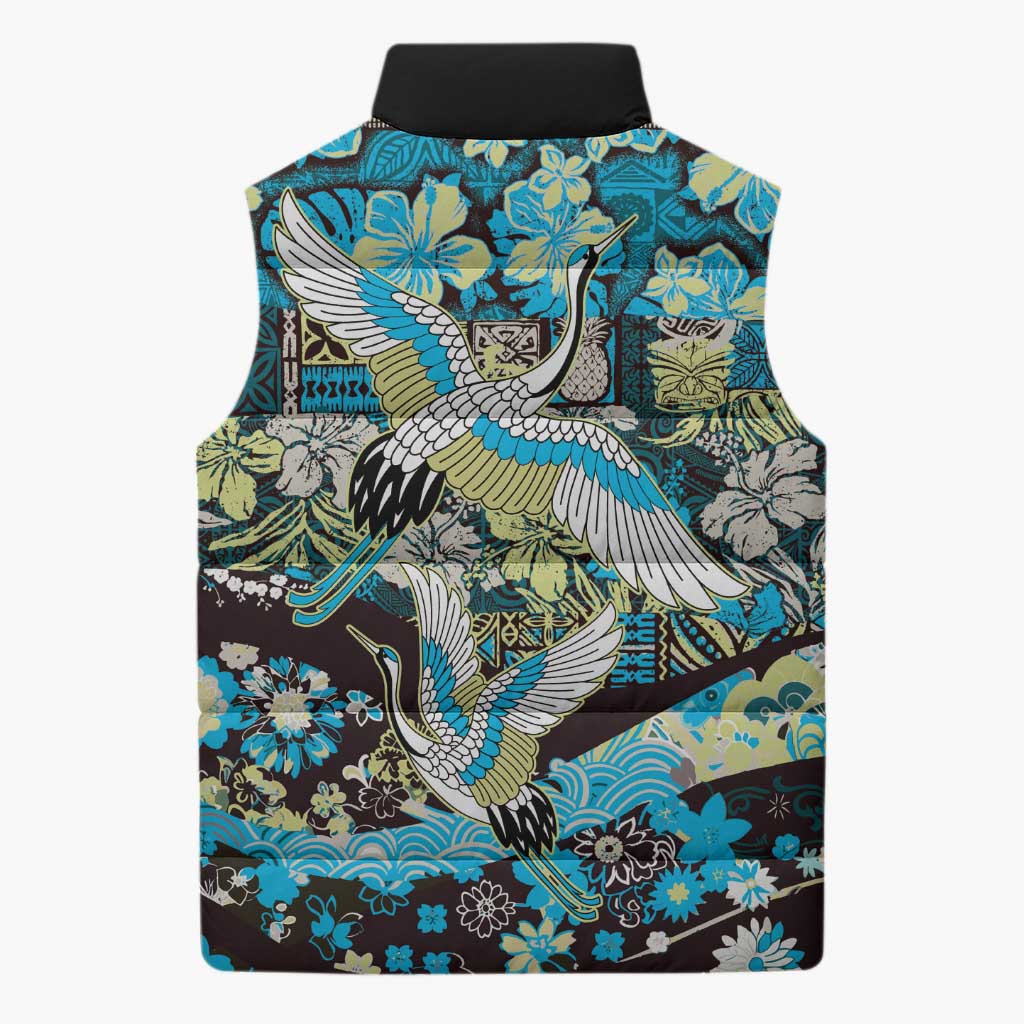 Japanese Hawaiian Crane Sleeveless Puffer Jacket Blue Tapa Patchwork Pattern LT9 - Polynesian Pride