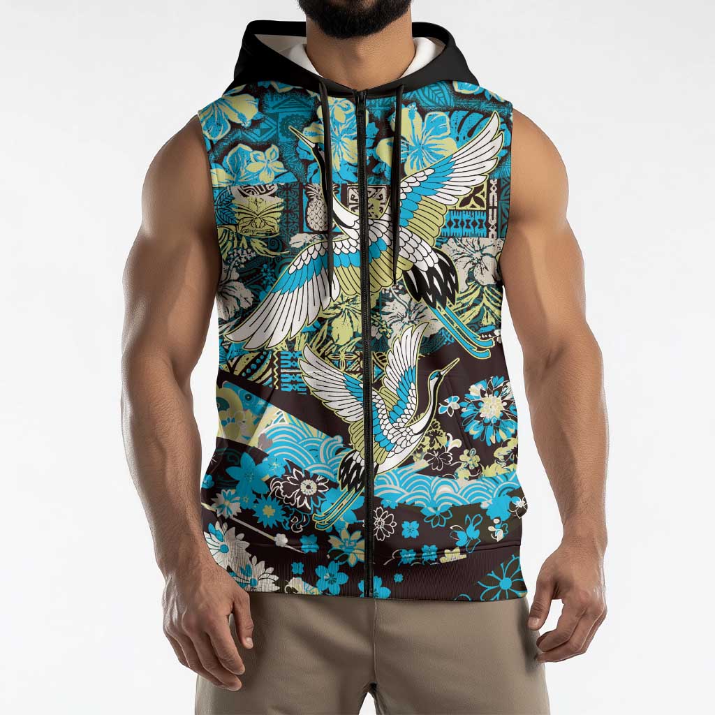 Japanese Hawaiian Crane Sleeveless Zip Hoodie Blue Tapa Patchwork Pattern LT9 - Polynesian Pride