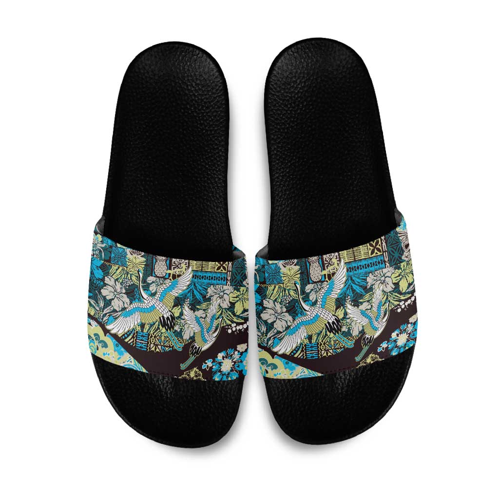 Japanese Hawaiian Crane Slide Sandals Blue Tapa Patchwork Pattern LT9 Blue - Polynesian Pride